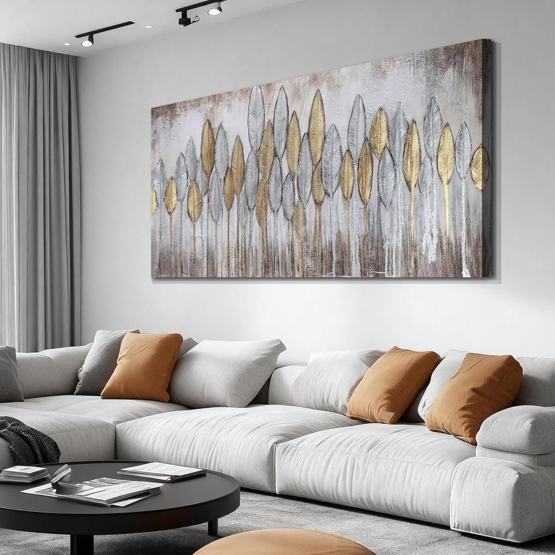 Acocifi Beige Neutral Canvas Wall Art Living Room, Abstract Leaf Gold Textured Painting, Modern Minimalist Picture Artwork Framed for Bedroom Dining Room Office Home Extra Large Decor 58"x29"
