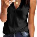 Womens Tank Tops V Neck Waffle Knit Summer Casual Sleeveless Loose Tee Shirts (Large, Black)