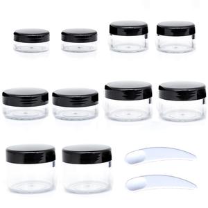 ZEJIA 10pcs Small Travel Containers, Black Sample Jars with Screw Lids, 5 Size 3/5/10/15/20 Gram, 12pcs Labels and 2pcs Mini Disposable Spatula, Makeup Sample Containers BPA Free, Black