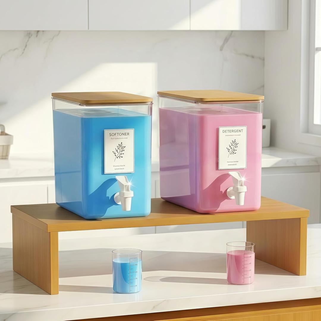 Laundry Detergent Dispenser Set, Liquid Laundry Soap Dispensers for Detergent and Fabric Softener, 2 x 101 oz Refillable Containers with Stand for Laundry Room Organization