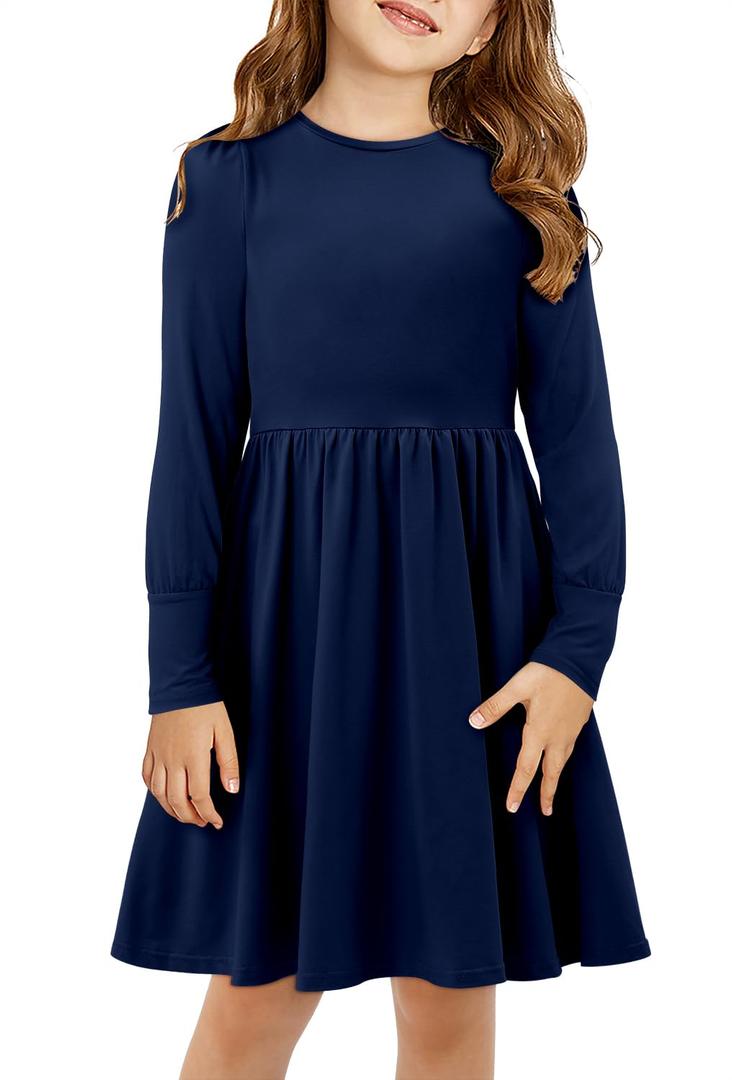 Yoklass Girls Dresses Round Neck A Line Stretchy Long Sleeve Holiday Party Dress Navy 10-11 Years (Blue, XL)