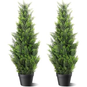 3FT Artificial Cedar Topiary Trees 2 Set, Realistic Fake Cypress Tree Tall Faux Pine Shrubs Plants Artificial Cypress Trees for Home Offices Porch Decor