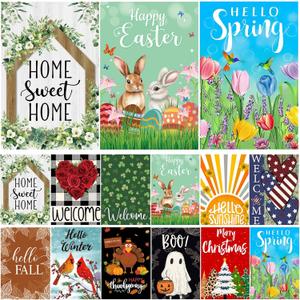 Seasonal Garden Flags Set of 12 Double Sided 12x18 Inch, Small Yard Flags for Outside, Christmas Halloween Easter Valentine's Day Decor, Spring Summer Fall Winter Holiday Garden Decorations