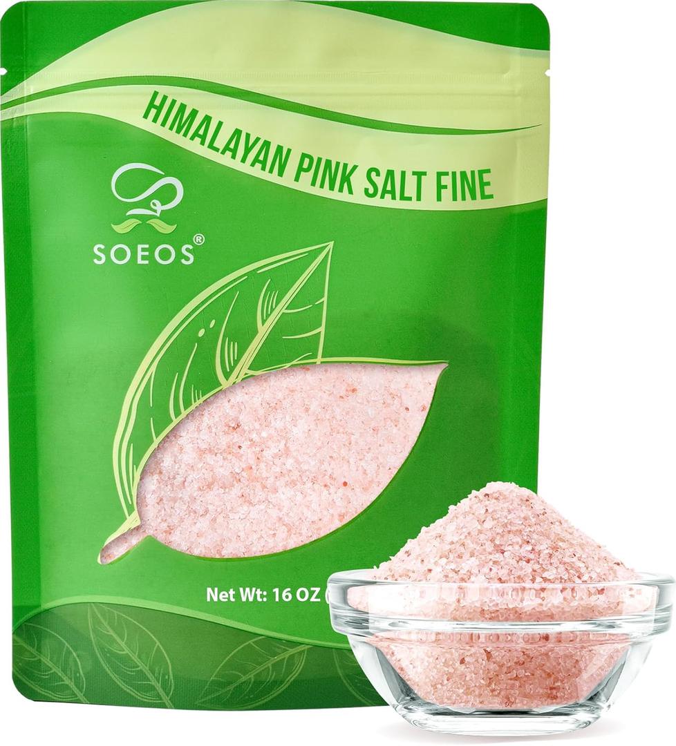 3 x Soeos Himalayan Pink Salt, Fine Grain, 16 oz (1 Pound), Pink Himalayan Sea Salt, Rock Salt for Grinder Refill (EXP 08/15/30)