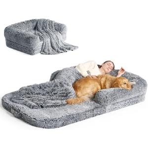 EHEYCIGA Foldable Human Dog Bed, 72"x44"x11" Orthopedic Memory Foam Human Sized Dog Bed, Waterproof Pet Bed for People, Faux Fur Pet Couch for Adult with Non-Slip Bottom, Grey