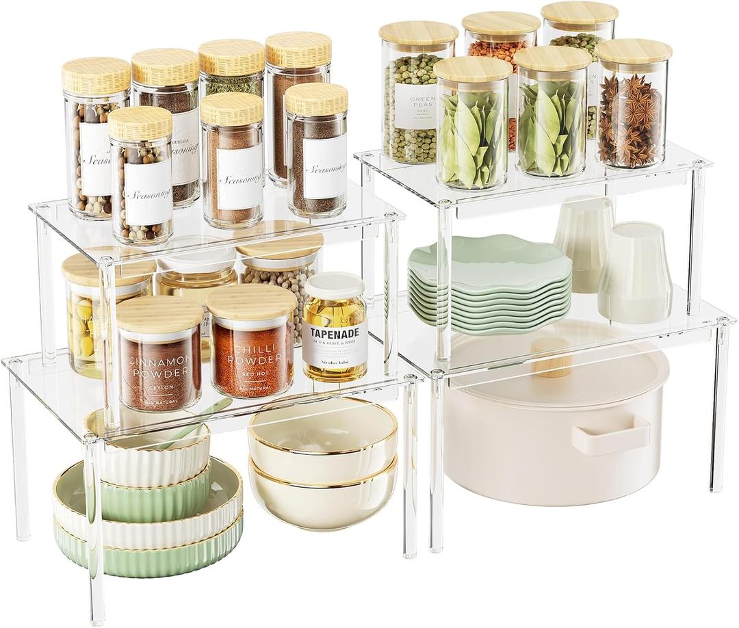 Delamu Clear Kitchen Cabinet Organizer, Set of 4 Acrylic Shelves Organizer for Kitchen Pantry Organizers and Storage, Stackable Cabinet Organizer Shelf for Plate & Dish, 11.7" D x 7.7" W x 6.3" H