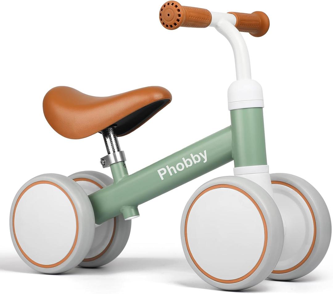 Baby Balance Bike for 1 2 3 Years Old Boys Girls, 4 Wheels Toddler Bike with Adjustable Seat, 12-36 Months Kids First Birthday Toy Gift (Green&Brown)