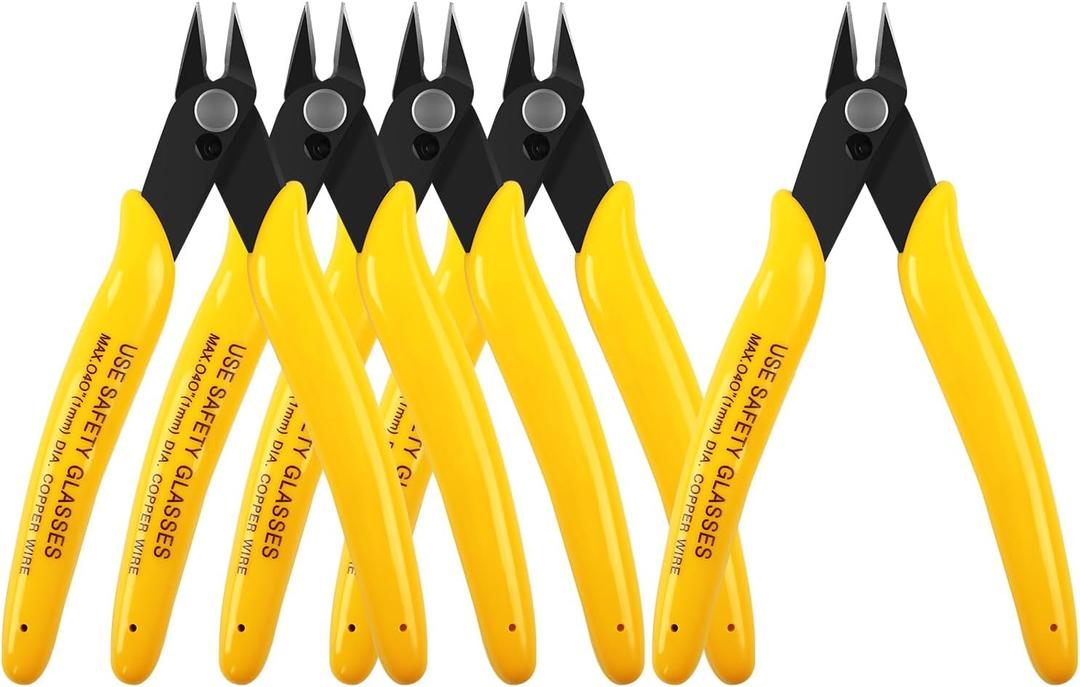 HongWay Pack of 5 Micro Flush Cutters, Wire Cutter with Internal Spring, Diagonal Cutters for Electronics, Heating Wire, Model Sprue, Soft Copper Wire Snips, 5 Inches, Yellow