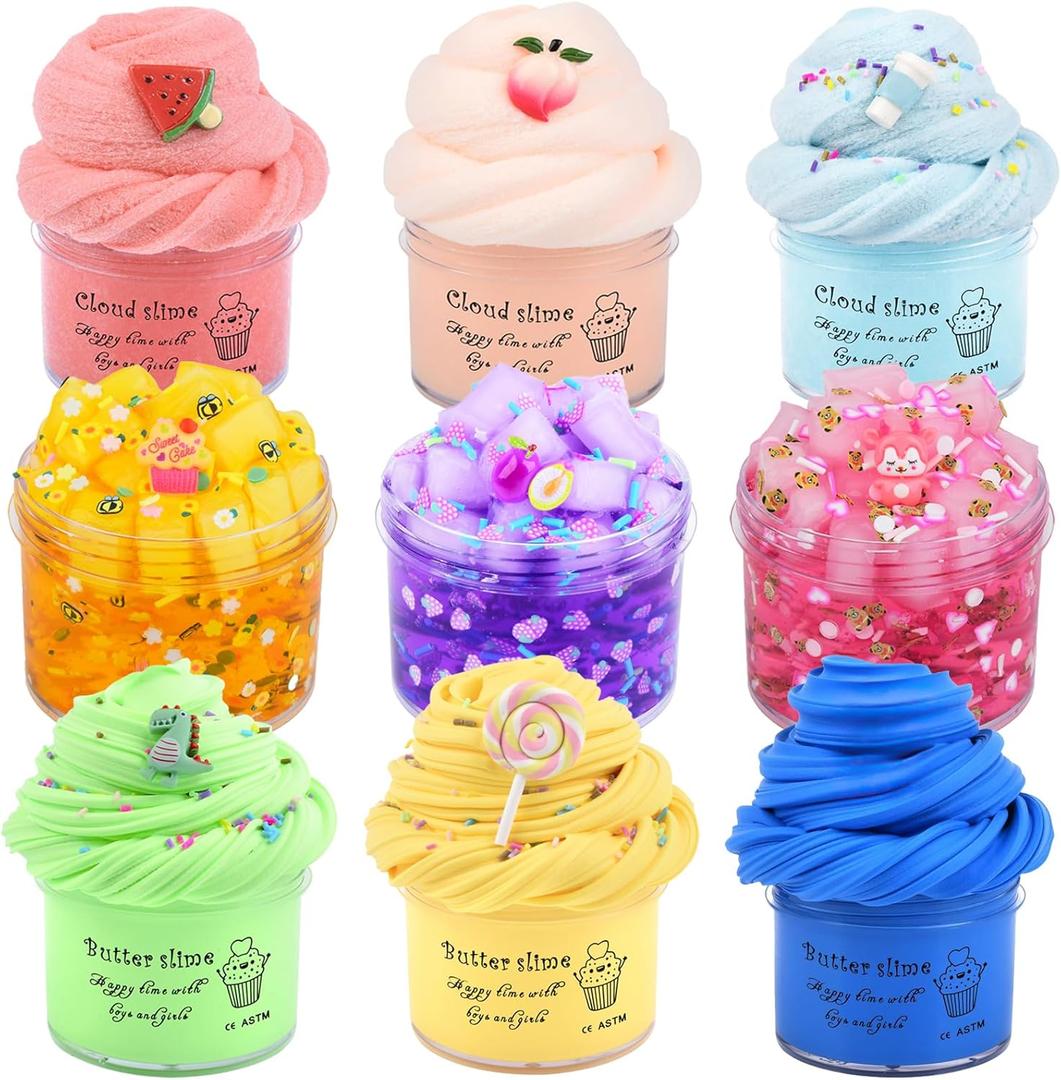 9 Pack Slime Kit, Assorted (Jelly Cube Crunchy, Cloud, Butter) Slime, Non-Sticky, DIY Stress Relief Toys for Unisex Children, Birthday Gift, Party Favor