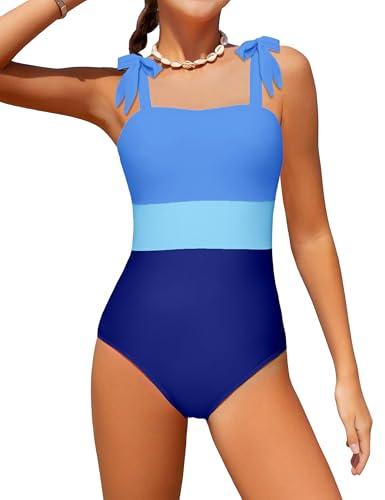 Dearnow Girls Swimsuits Size 11-12 One Piece Blue Casual Color-Block Adjustable Straps Girls Bathing Suit Swimwear