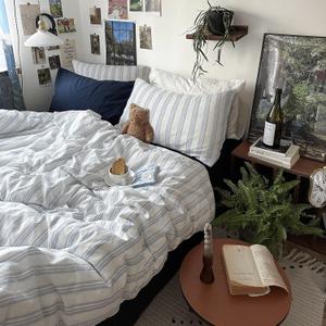 mixinni Vintage Blue & White Striped Duvet Cover Set - 3 Piece 100% Washed Cotton Queen Size Bedding | Minimalist Relaxed Style | Ultra Soft Breathable, with Zipper Closure & Corner Ties-Queen Size