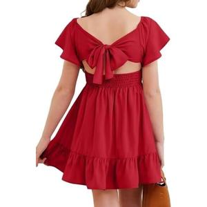 Girls Elegant Ruffle Back Tie Dress Size 4-15 Years Old (10-11 Years, Red)