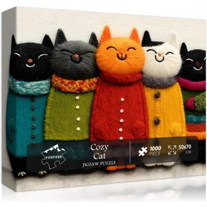 Cat Puzzle for Adults,Cozy Cat Art Jigsaw Puzzle 1000 Pieces, Cute Colorful Kitten Puzzles Embroidery Style, Funny Whimsical Cat Puzzle Kitty Challenge