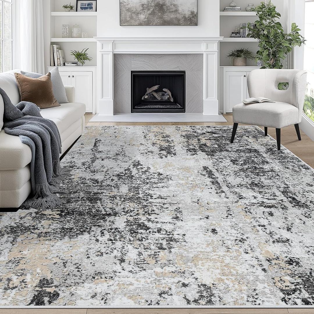 8x10 Area Rugs for Living Room Rug Washable: Abstract Large Rug for Dining Room Bedroom Carpet Non Slip 8 by 10 Indoor Modern Nursery Home Office Black Grey Gold