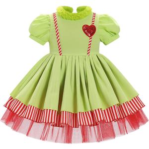 IDOPIP Toddler Girls Christmas Dress Puff Sleeve Tutu Dress Princess Baptism Ruffle Tulle Dress Cake Smash Photo Shoot Outfit (12-18 Months, Green)