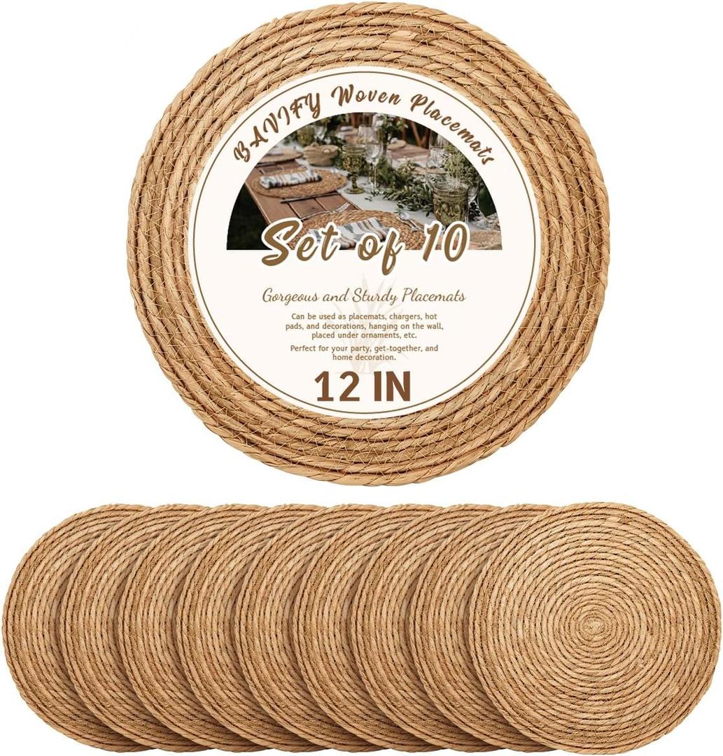 12 in Round Woven Placemats Plate Chargers Set of 10, Rattan Wicker Table Mats for Dinner Plates, Boho Farmhouse Rustic Place Mats for Dining Table Decor (Natural Color)