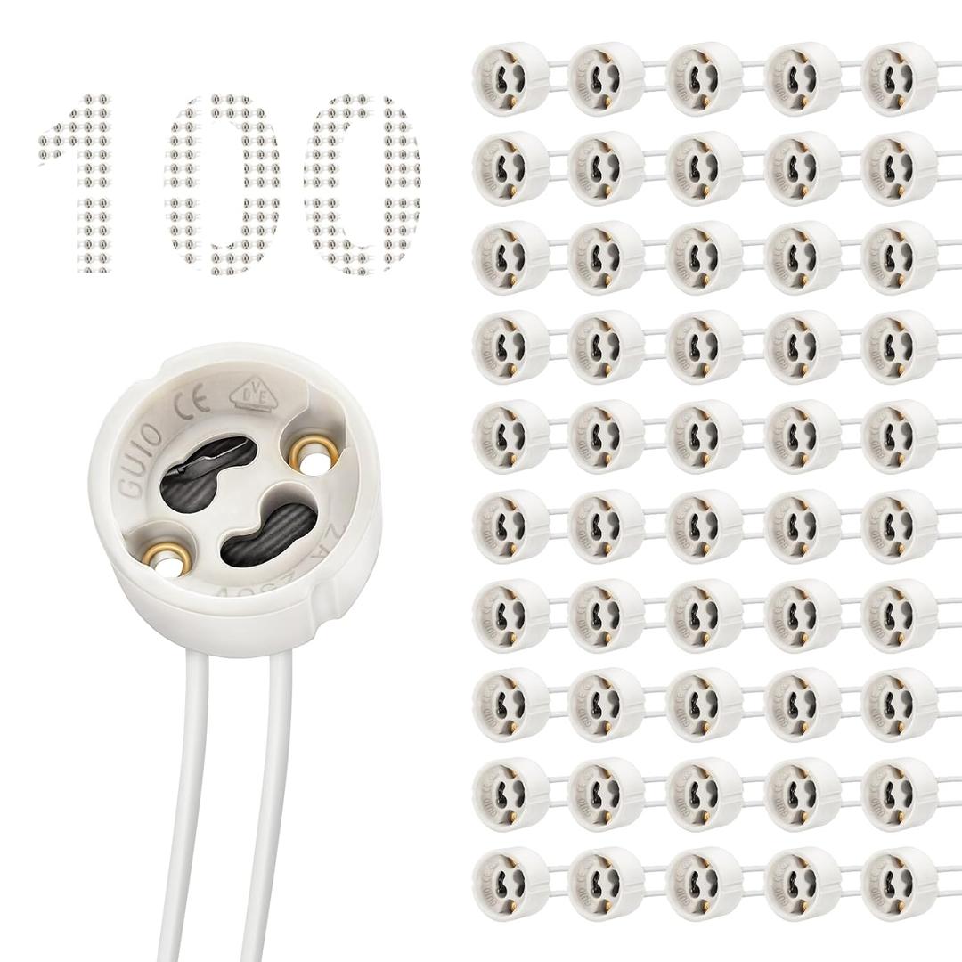 DiCUNO GU10 Base Socket, 600 Heat Resistant Maximum 250V 300W, Ceramic Lamp Holder and Silicon Wire Connector 100 Packages
