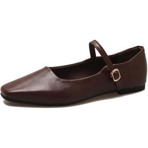 Women's Classic Retro Square Toe Flat Mary Jane Shoes Fashionable and Comfortable Walking Flat Shoes with Buckles (5, Brown)