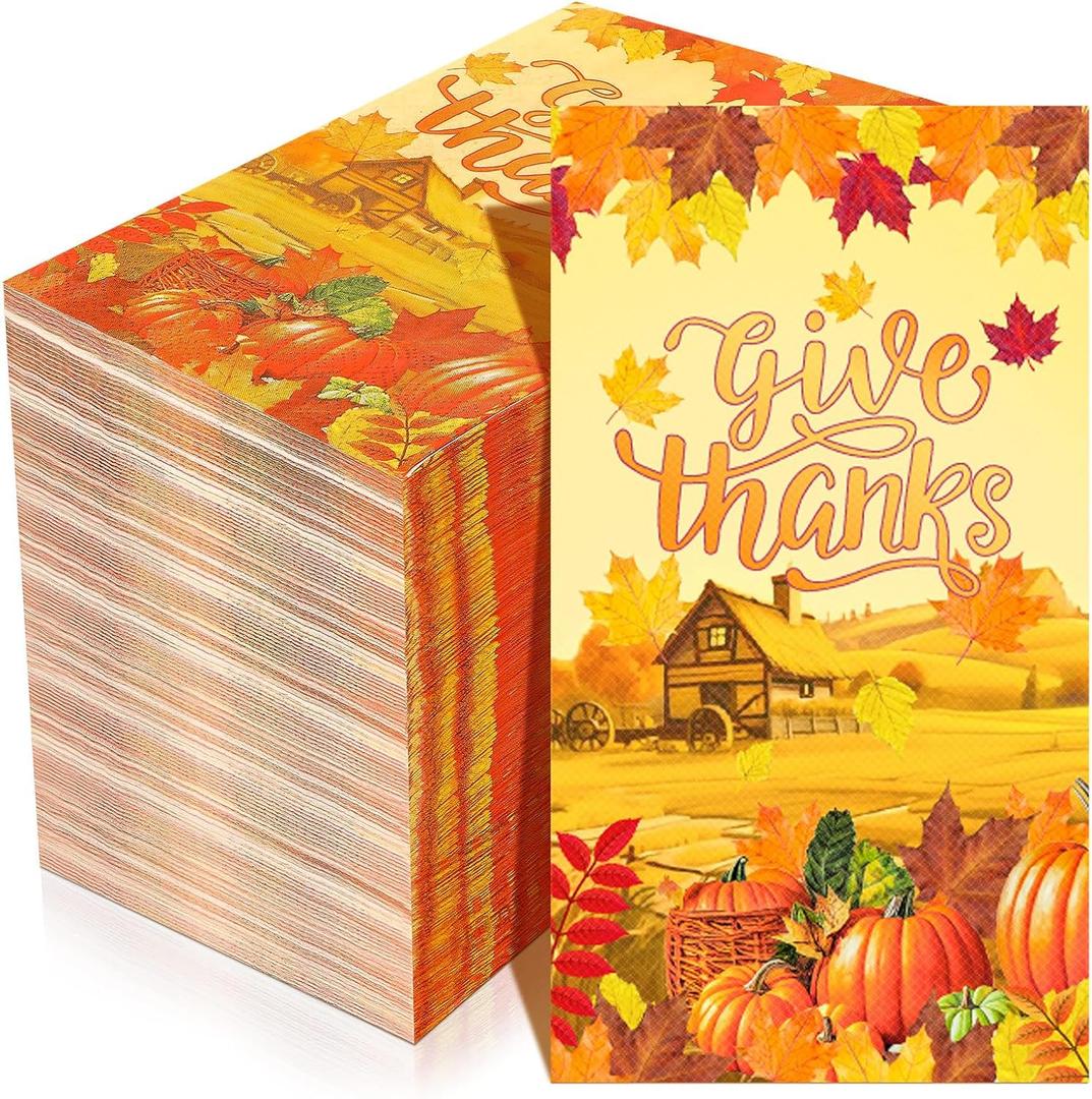 Karenhi 150 Pieces Thanksgiving Guest Napkins 3 Ply Disposable Paper Napkins Autumn pumpkin Disposable Hand Paper Towels Harvest Fall Decorative Guest Napkins Guests Towel for Thanksgiving Holiday