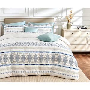 SLEEPBELLA Boho King Size Duvet Cover Set - Cotton Reversible Blue/White with Button Closure & Soft, Breathable Fabric (King 104"x90")