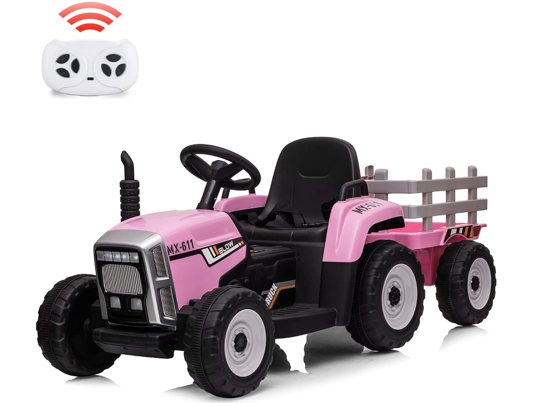Nasitip 12V Kids Battery Powered Electric Tractor with Trailer, Toddler Ride On Car w/Remote Control/ 7-LED Headlights/ 2+1 Gear Shift/ MP3 Player/USB Port for Kids 3-6 Years (Pink, 25W/ Tread Tire)
