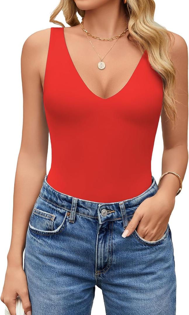 Avidlove Women's Sexy Plunge Deep V Neck Bodysuit Double Lined Sleeveless Thong Body Suit Leotard for Going Out Tank (Red)