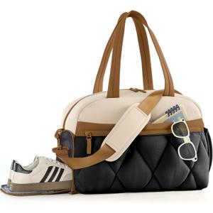 Gym Bag for Women, Puffer Travel Duffle Bag With Shoes Compartment & Wet Pocket, Carry On Tote Bag For Weekender, Overnight, Sport (Beige & Brown, Large)