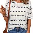 EVALESS Womens Short Sleeve Sweaters Spring Summer Crochet Knit Tops Crewneck Striped T Shirts Casual Blouses for Women Large