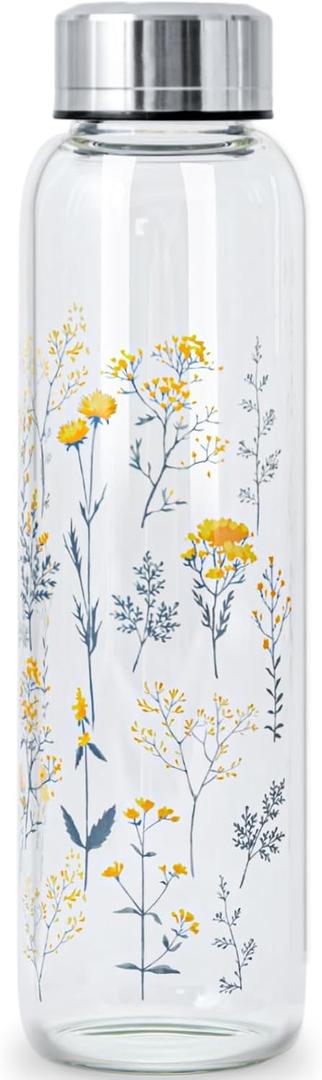 Clear Water Bottle 16 oz BPA Free Glass Drinking Bottle for Juice with Stainless Steel Lid and Neoprene Sleeve (16 ounce, Scattered Flowers)