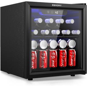EUHOMY 48 Can Beverage Refrigerator cooler-Mini Fridge Glass Door for Beer Drinks Wines, Countertop Beverage Fridge with Adjustable Shelves Blue LED for Home/Office/Dorm/Bar, 1.3 cu.ft