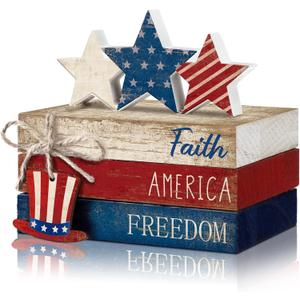 4 Pcs 4th of July Decorations Patriotic Tiered Tray Decorations Signs Rustic Memorial Day Decor Book Block Sign for 250th Anniversary Farmhouse Table Home Tabletop Shelf(Hat)