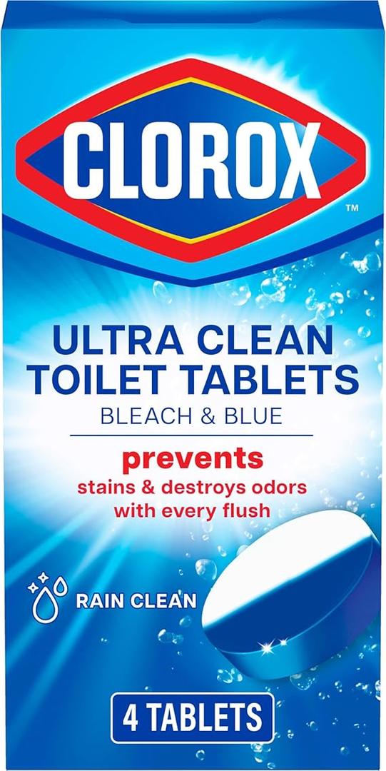 Clorox Ultra Clean Toilet Tablets Bleach & Blue, Rain Clean Scent, 2.47 Ounces Each, 4 Count