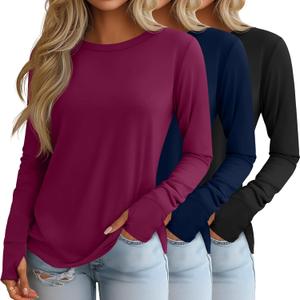 Huukeay 3 Pack Women's Long Sleeve Shirts with Thumb Holes, Cotton Casual Crew Neck Tunic Tops Fall Loose Y2k Trendy Outfits (L)