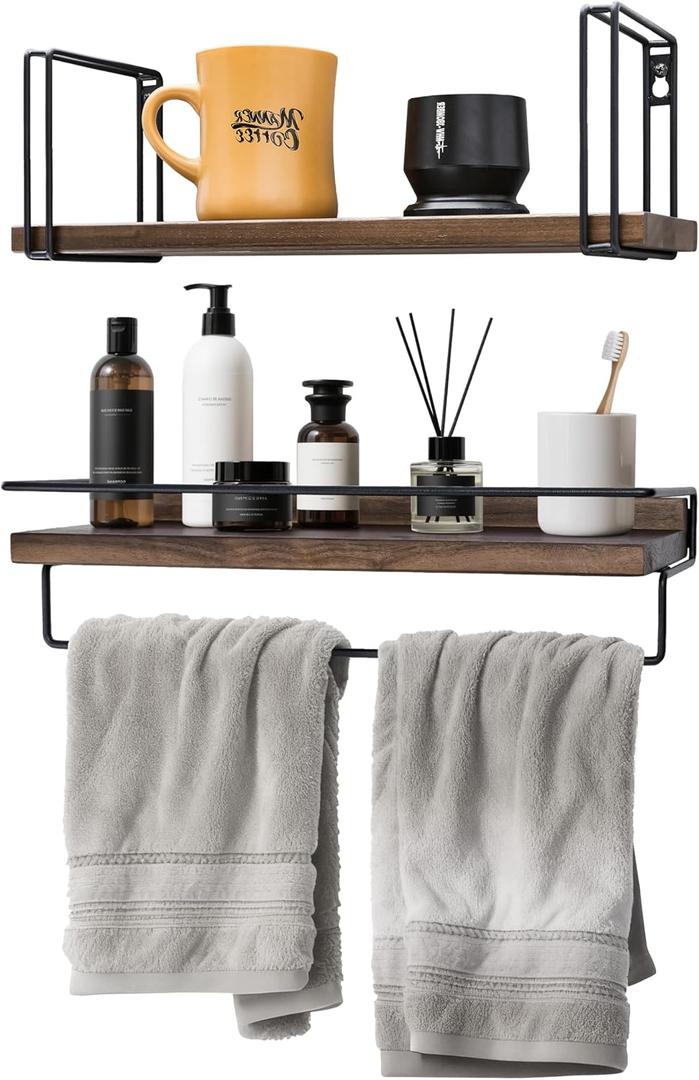 Floating Shelves with Towel Bar - American Black Walnut Solid Wood Shelf, Set of 2 Over Toilet Wall Storage Shelves with Metal Frame for Kitchen Bedroom Living Room