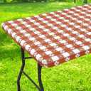 Rectangle Vinyl Table Cloth, Waterproof Elastic Fitted Tablecloth with Flannel Backing, Plastic Table Cover for Picnic, Camping, Outdoor (Rust & White, 30"x72")