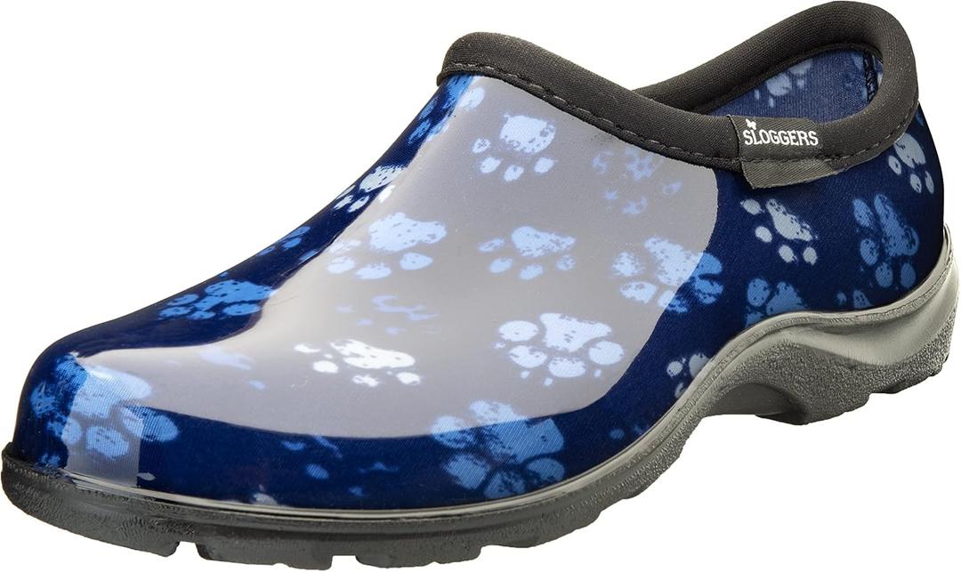 Sloggers Original Waterproof Rain and Garden Shoe for Women Outdoor Slip-On Garden Clog - Made in The USA with Premium Comfort Insole and Arch Support (7, Grungy Paw Print Blue)