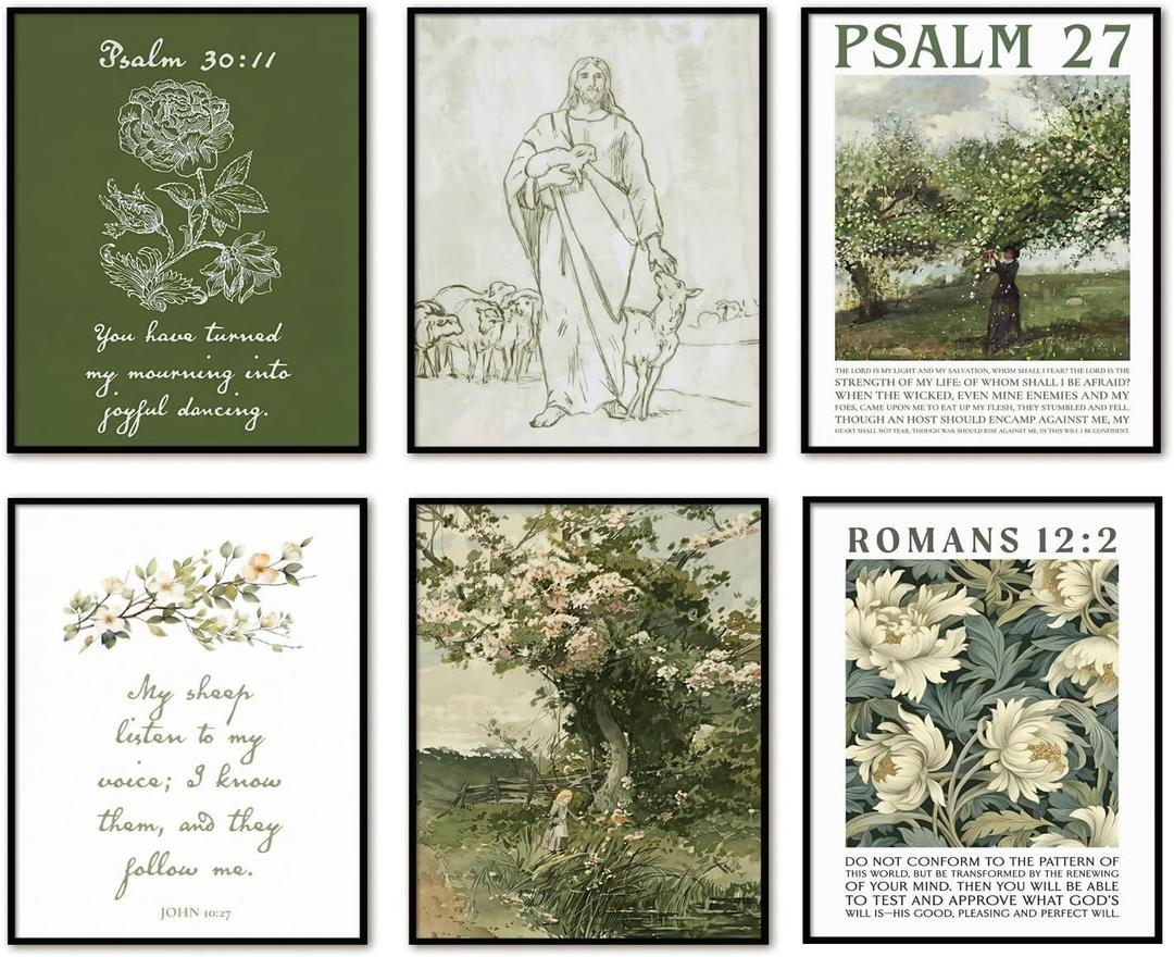 Aglcatie Green Christian Wall Art Poster Set of 6 Bible Verse Wall Decor Pictures Jesus Lamb Scripture Floral Canvas Prints Posters Religious Aesthetic Painting for Bedroom Bathroom 8x10in Unframed