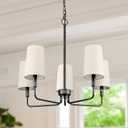 Chandelier, Matte Black with Beige Linen Fabric Shade, Farmhouse Linear Island Lighting Fixture for Kitchen, Dining Room (Matte Black with Linen Fabric Shades), White 