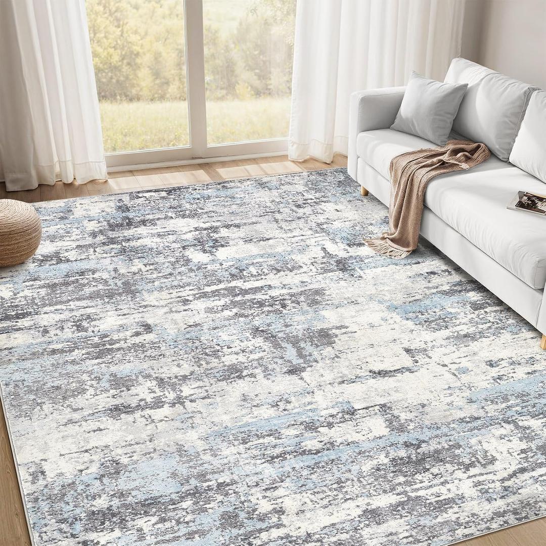 Area Rugs 8x10 Living Room: Washable Large Abstract Modern Neutral Soft Rug Stain Resistant Non-Slip Backing Carpet for Bedroom Dining Room Indoor Nursery Dorm Home Office Decor - Blue Grey