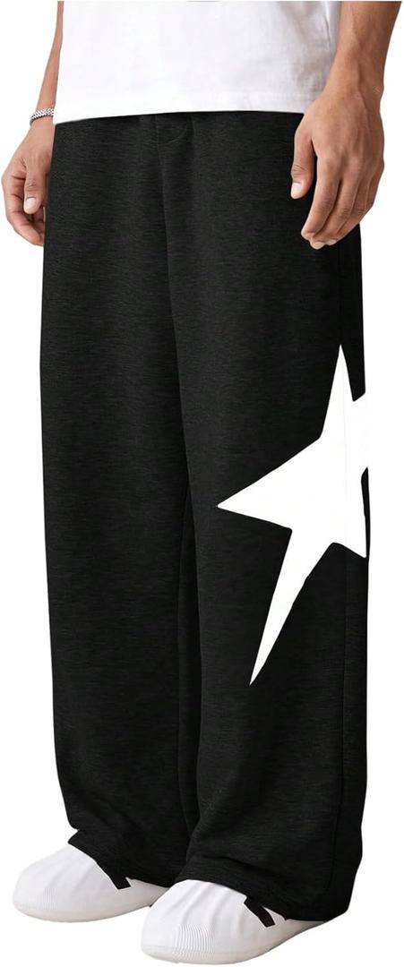 SHENHE Boy's Baggy Sweatpants Wide Leg Star Graphic Drawstring Athletic Workout Pants Trousers (Black)