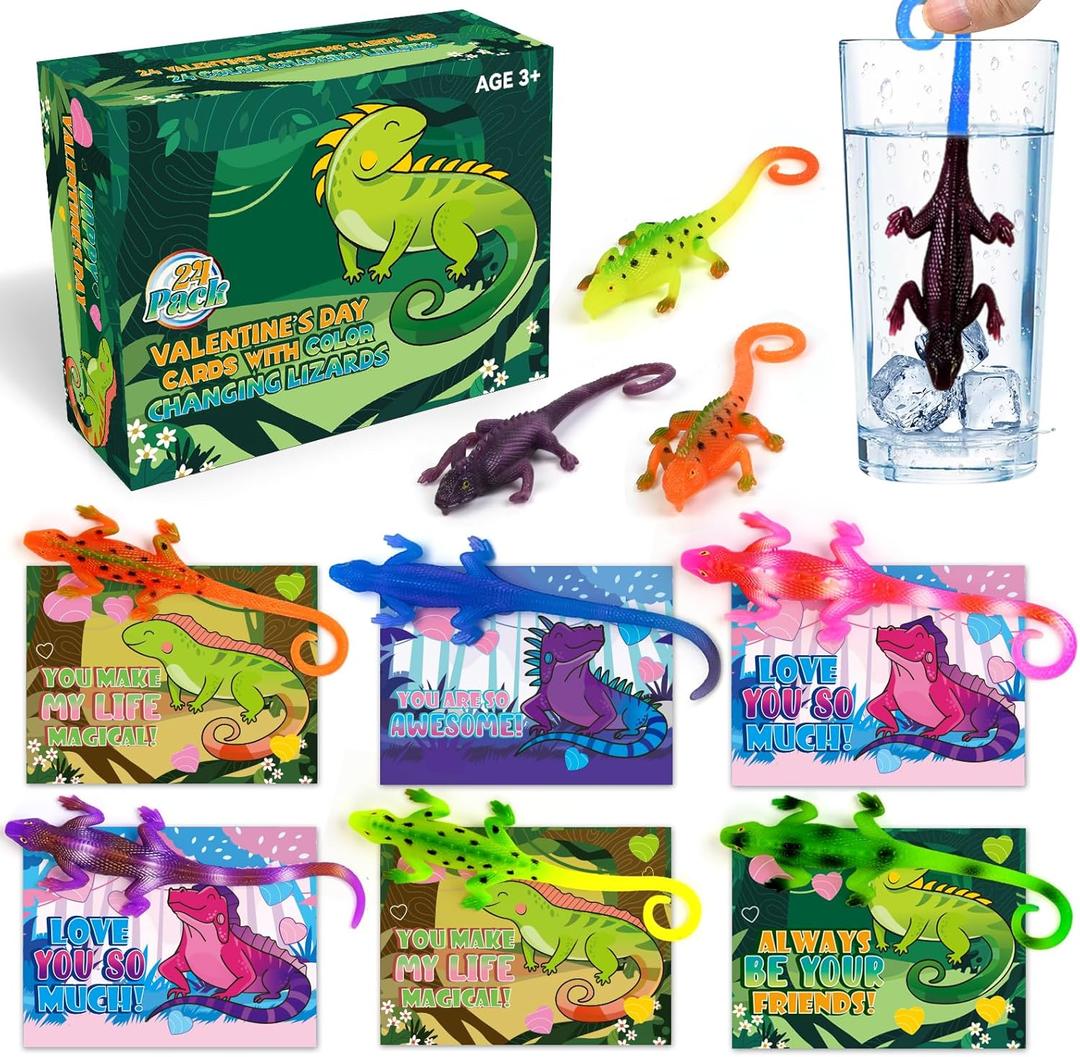 ShyLizard 24PCS Valentines Day Cards for Kids School Classroom Exchange, Valentine's Day Gift Cards with Change Color Lizard Toys, Valentines Greeting Cards Bulk for Kids School Classroom Exchange