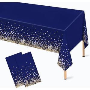 2 Pcs Navy Blue and Gold Plastic Tablecloth for Rectangle Table, 54 108 inches Disposable Gold Dot Dark Blue Party Table Covers for Anniversary, Wedding, Fine Dining, Graduation Party Decoration