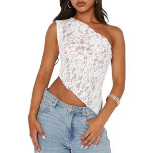 ABYOVRT Women One Shoulder Lace Top Irregular Hem Backless Crop Tops See Through Sheer Tank Tops Going Out Clubwear (Medium, White)