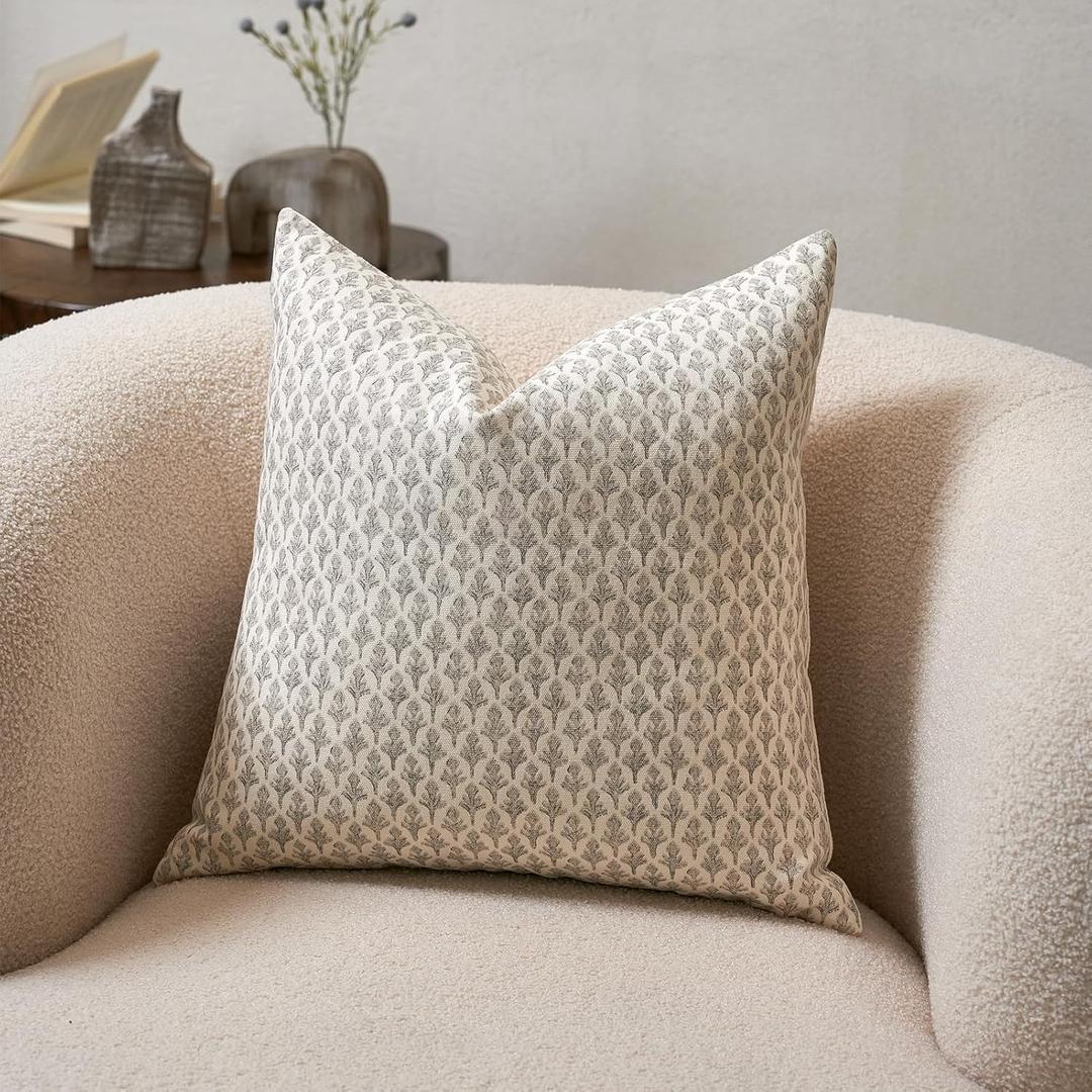 MOROCO Floral Throw Pillow Covers 18x18 Couch Pillows for Living Room Block Print Decorative Accent Pillow Covers Farmhouse Neutral Pillow Covers 1PC, Pale Taupe