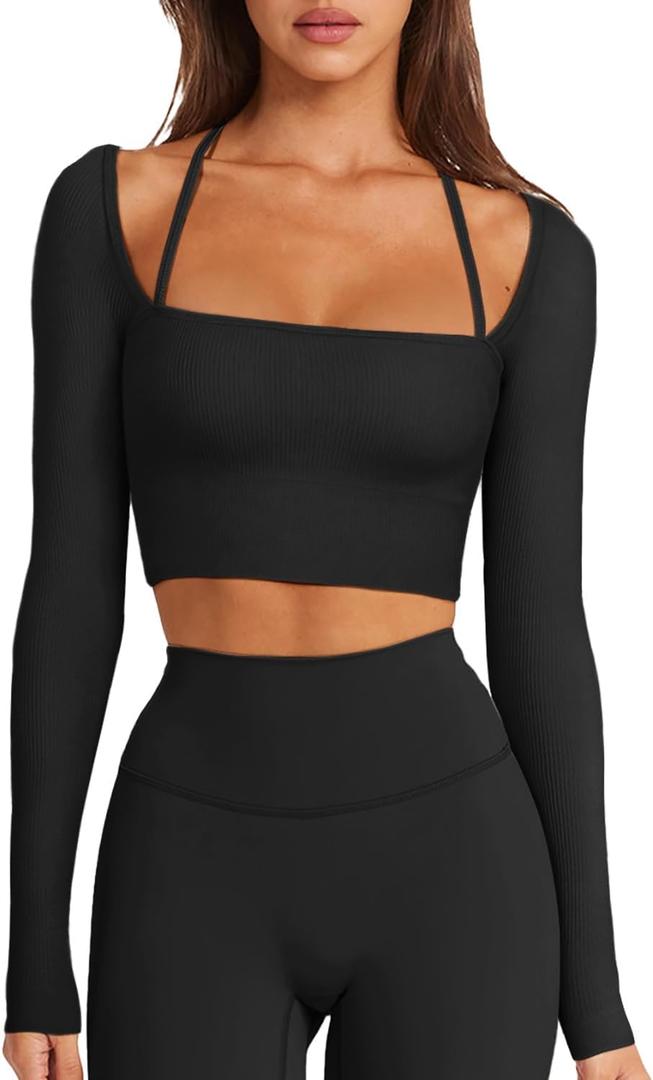 LASLULU Womens Sexy Square Neck Crop Top Ribbed Seamless Long Sleeve Workout Tops Halter Neck Athletic Yoga (Small, Black)