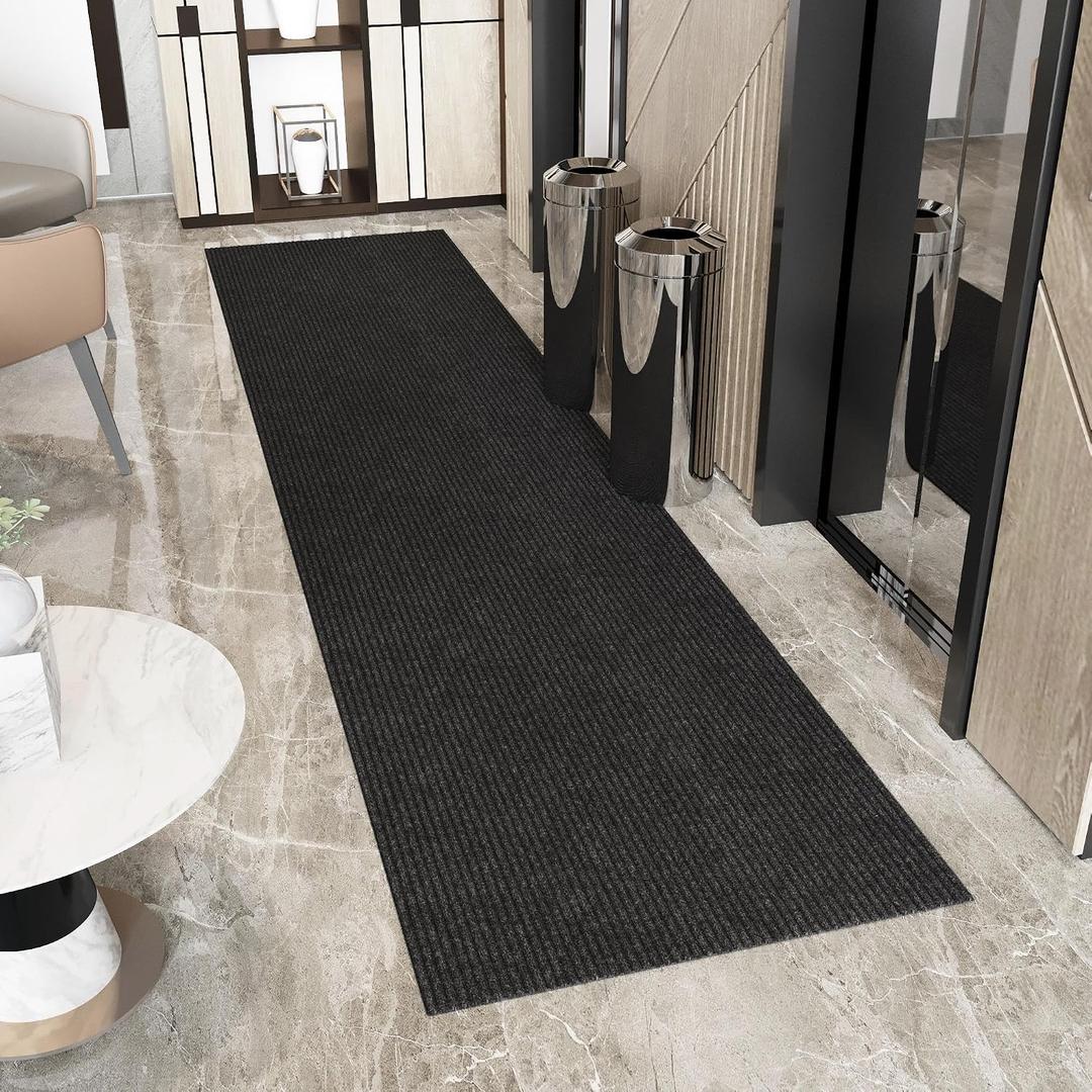 Ottomanson Non Slip Rug with Scraper Pile Durable for Indoor and Outdoor Use, Black, 2' x 12'