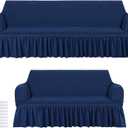 Fanfanwin 2 Pcs Sofa Slipcover Set for Couch Cushion Couch Cover with Skirt Durable Washable High Elastic Stretchable Furniture Covers for Sofa Loveseat Arm Chair(Navy Blue)