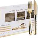 N9R 300PCS Gold Plastic Silverware, Heavy Duty Gold Plastic Cutlery Set Disposable Flatware Dinnerware, 100 Forks, 100 Spoons, 100 Knives, Perfect for Party, Wedding and Daily Use