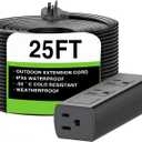 25FT Outdoor Extension Cord - Waterproof, Heavy Duty, Long, Outdoor Power Strip Surge Protector, Weather Resistant, Flame Retardant for Lawn & Garden (Black)