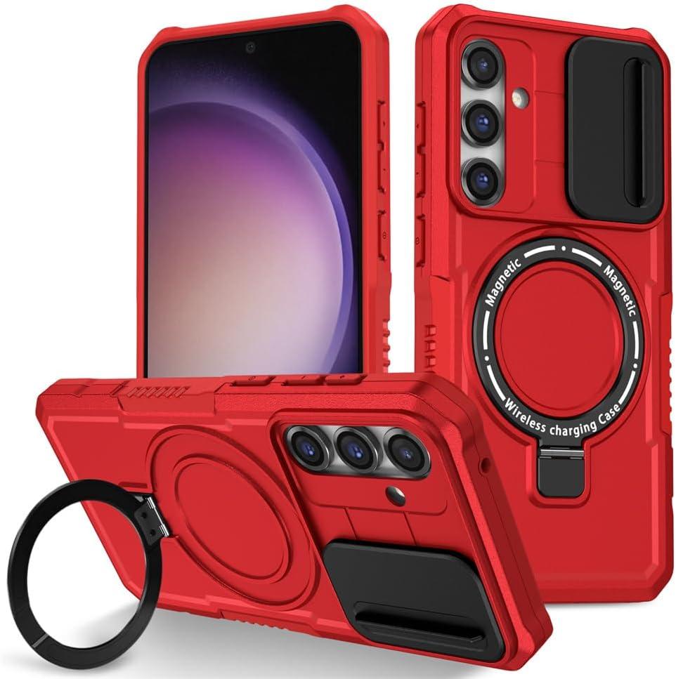 Case for Samsung Galaxy S24, Premium Slim Shockproof Cover with 360 Rotatable Invisible Magnetic Kickstand and Slide Camera Lens Cover Case for Samsung Galaxy S24-Red